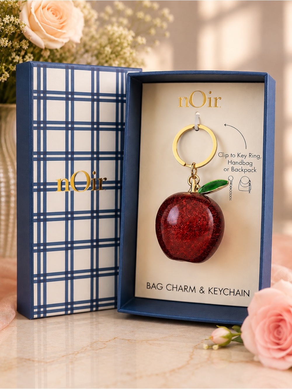 nOir Jewelry Sparkling Red Apple Bag Charm with Gold Ring and Green Leaf